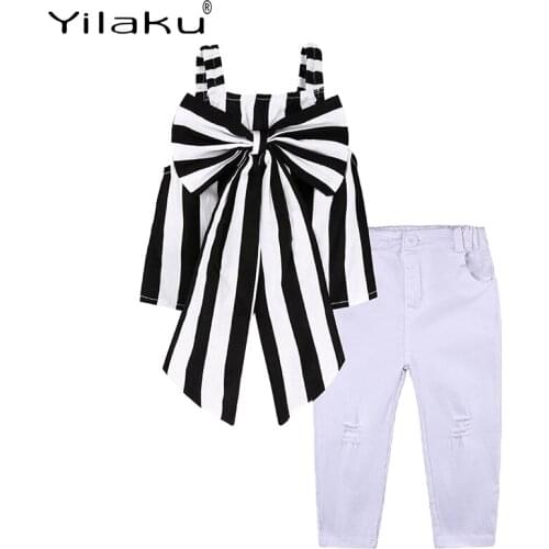 Yilaku Baby Girl Clothes Summer Kids Girls Clothes Sets Stripe Print Tops + Jeans 2 Pcs Bowknot Children’s Clothing Sets YY051