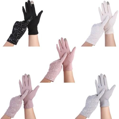 Women Summer Floral Ultra-Thin Touchscreen Gloves Non-Slip Mesh UV Sun Protection Solid Color Full Finger Driving Mitten
