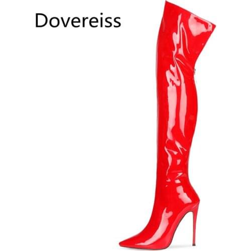 Dovereiss Fashion Womens Shoes Winter Pointed Toe Stilettos Heels Pure color Rose Red Zipper Elegant Over the knee boots 35-45