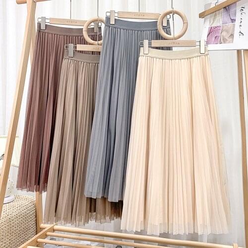High Waist Skirts Womens 2021 Elegant Mesh Midi Skirt Clothes Women Long Tulle Pleated Skirt Spring Summer Elastic