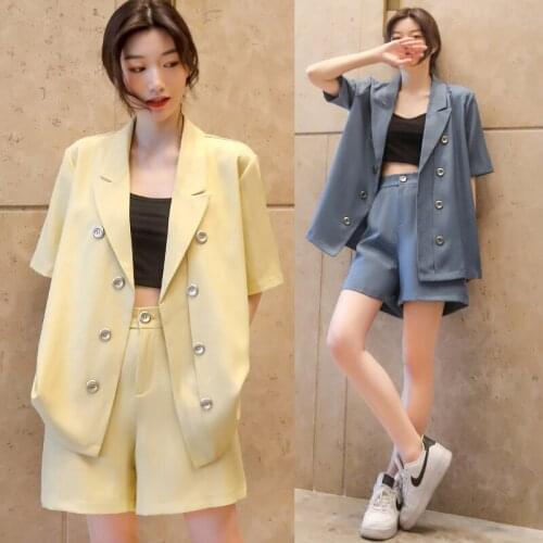 2021 Summer Loose Women Short Sleeve Blazer Set Street Double Breasted Office Lady Shorts Jacket Set Yellow 2 Piece Sets