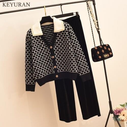 2021 Autumn Winter Knitted Two Piece Sets Women Knitting Cardigans Sweater + Elastic Waist Straight Wide Leg Pants Suits Femme