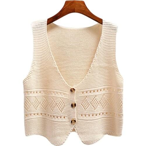 2021 Korean Fashion V Neck Loose Sleeveless Sweater Vest Women Knitted Hollow Out Single Breasted Short Cardigan Female Kniwear