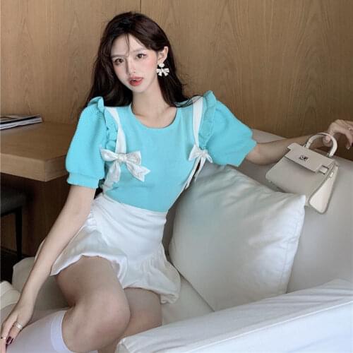 Korobov 2021 New Women Pullovers Sweaters Korean O Neck Puff Sleeve Knitted Sueter Mujer Vintage Lacing Bow Cropped Jumper Femme