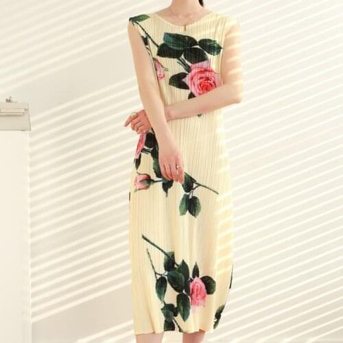 Summer Sleeveless Vintage Print Slim Midi Dress Women Miyak Pleated O-Neck Elegant Casual Tank Dress With Belt Ladies Vestidos