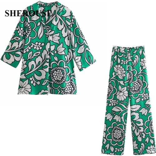 2021 New Women Fashion Two Piece Set Floral Printed Blouse & Trousers Chic Lady Vintage Woman Outfits Pants sets