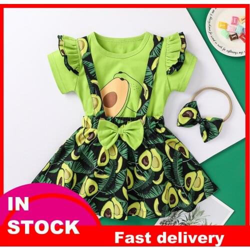 4# Avocado Baby Girl Clothes T Shirt Letter Tops+fruit Floral Bow Skirts Set Short Sleeve O-neck Babys Sets Одежда Для Девочек