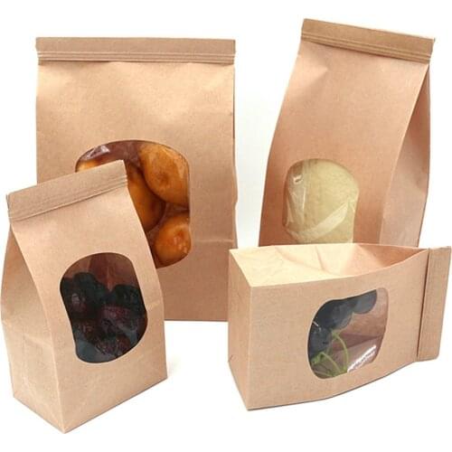 50Pcs Bakery Bags with Clear Window Sealing Grease Proof Kraft Paper Bag for Food Snacks Cookie Coffee