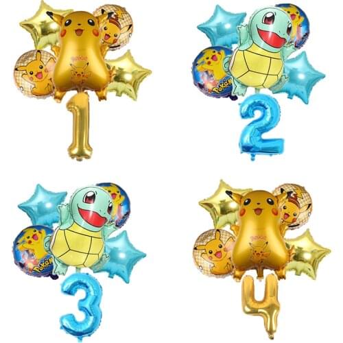 6pcs Pokemon Series Pikachu Jenny Turtle Aluminum Balloon Childrens Number Birthday Party Decoration Balloon Set