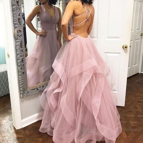 Ball Gown Prom Dress 2k19 Deep V Neck Criss Cross Straps vestidos de fiesta largos elegantes de gala Pearl Pink bestidos de gala