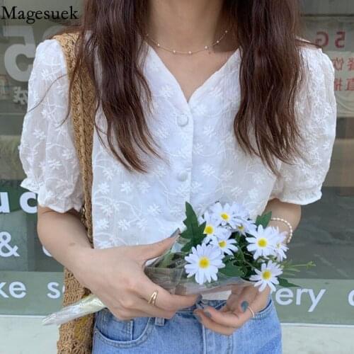 Embroidered Floral Sweet Summer Blouse Women 2021 New V Neck Short Sleeve White Cotton Womans Shirt Fashion Loose Tops 14822