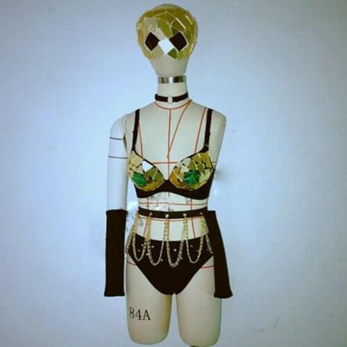 DJ Nightclub Lady Singer DS Costume Gold Silver Mirror Bikini Chain Tassel Belt Stage Outfit Jazz Pole Dance Clothes DNV13026