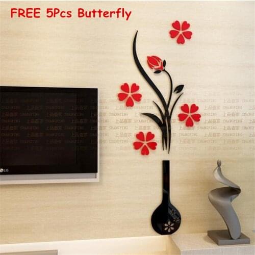 Hot Vase Plum Flower 3d three-dimensional Acrylic Crystal Wall Sticker Entrance Sofa TV XL Diy Wall Stickers Home Decor adesivos