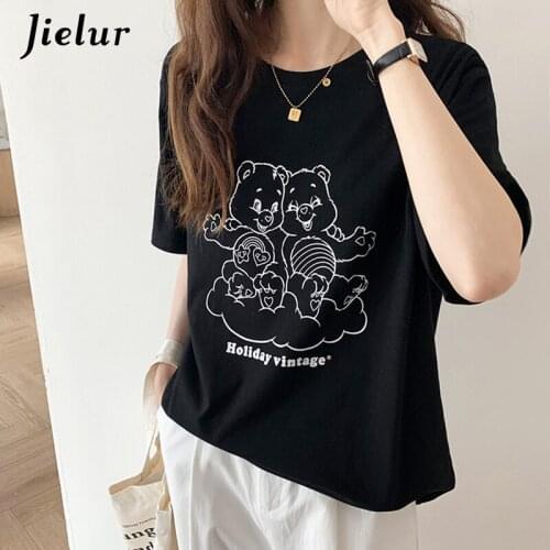 Jielur Cartoon Bear Printing Short-sleeved T-shirts Women Black White Cotton O-neck Women Tshirts Casual Top Femme 2021 S-XL