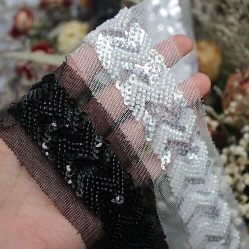 50cm Beaded Lace Pearl Trims Sequin Mesh Lace Ribbon Fabric Clothes Decoration Wedding Dress Collar Sleeve African Lace Applique