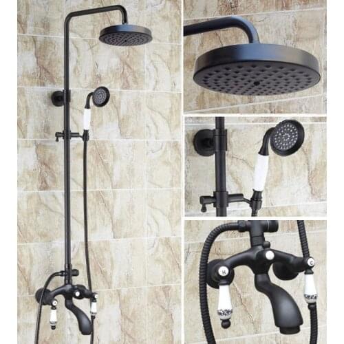 Black Oil Rubbed Brass Dual Ceramic Handles Bathroom 8 Inch Round Rain Shower Faucet Set Bath Tub Mixer Tap Hand Shower mhg138