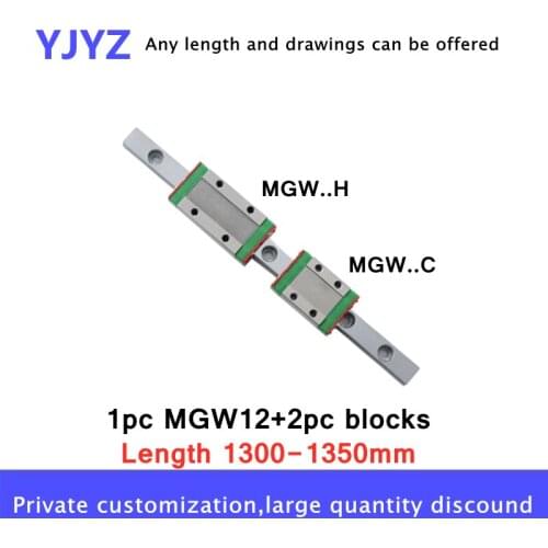 Miniature linear guide rail MGW12 with a width of 12mm, length: 1300mm 1350mm + 2PC MGW12C/MGW12H rail slider, for CNC equipment