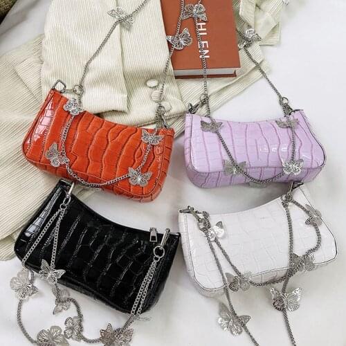 Fashion New Women Butterfly Chain Stone Pattern PU Leather Shoulder Underarm Bag Casual Ladies Solid Color Small Handbags Purse