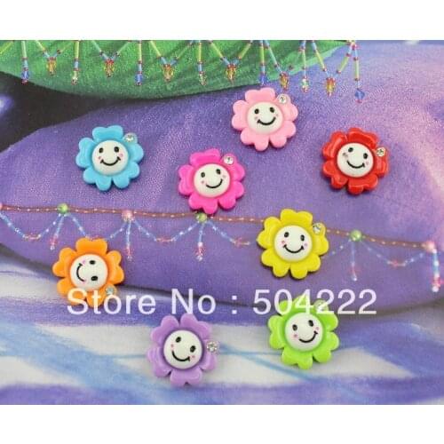 Set of 100pcs Kawaii Resin flower with smile face ,rhinestone smiley cabochons charm for scrapbooking, earing pendants0.8inch