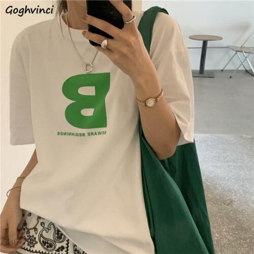 Oversize Letter T-shirts Women O-neck Short Sleeve Leisure Simple Undershirts Students Baggy Cotton Tees Ulzzang Preppy Outwear