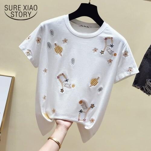 Casual Korea Black Tee Shirt 2021 Summer White T Shirt Women Clothes Short Sleeve Embroidery Vintage TShirt Female Tops 4863 50