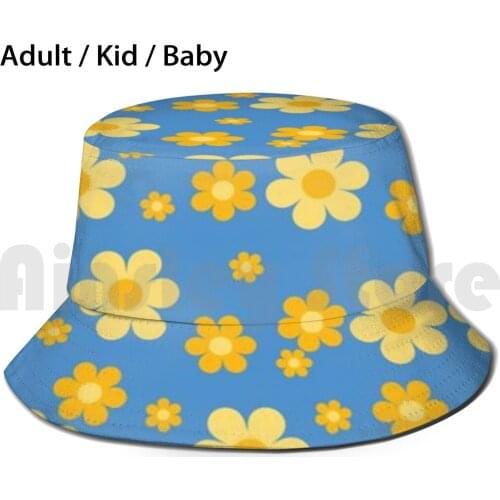 Cute 70S Aesthetic Sun Hat Foldable UV Protection 60S 70S 80S 90S 2000S Y2K Blue Yellow Orange Flower Aesthetic