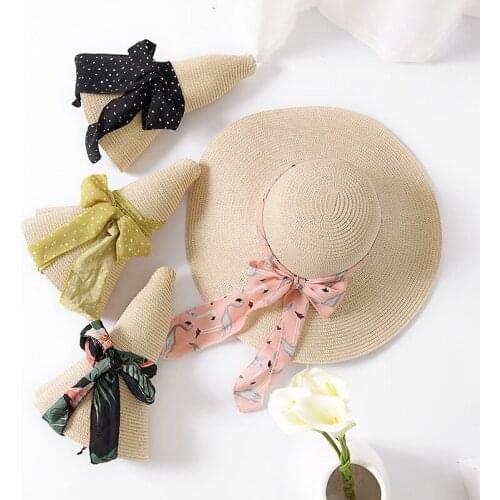 Summer Ribbon Bow Straw Hat Women Wide Brim Sun Protection Beach Hat 2020 Adjustable Floppy Foldable Sun Hats for Women Ladies
