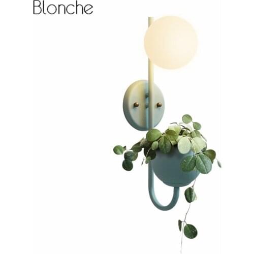 Nordic Macarons Plants Wall Lamp with Flowers Pot Glass Ball Lampshade Wall Sconce for Living Room Study Bedroom Bedside Lamps