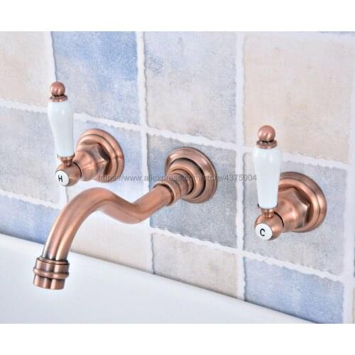 Bathroom Basin Faucets Wall Mounted 3 Pcs Antique Red Copper Faucet Dual Handle Bathroom Faucet Nsf525