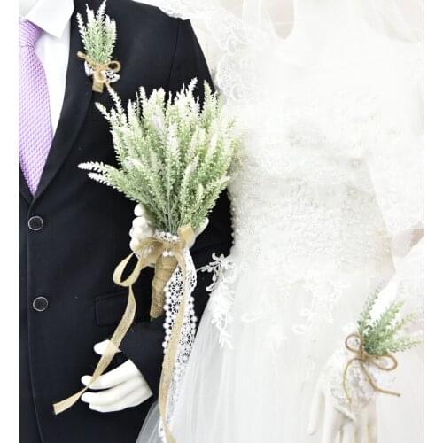 Handmade Wedding Supplies White Artificial Lavender Flower Wedding Flowers Bridal Bouquet Groom Boutonniere Hand Wrist Flower