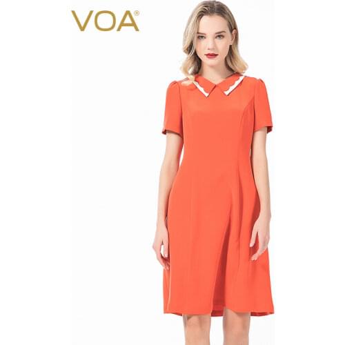 VOA Salmon Pink Silk Woman Clothes Turn-down White Trim Puff Sleeve Collar Office Lady A-LINE Summer Womens Dress 2021 AE6