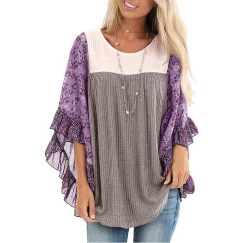 Woman Ethnic Style Blouse Plus Size Flora Printed Splicing Top Tee Long-sleeved V-neck Pullover Casual Blouse Ropa De Mujer 2021