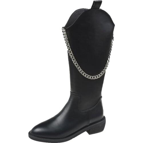 Women Mid-Calf Martin Boots Autumn Female Casual Shoes Flats Fashion Chain Black Zip Comfortable Platform Pointed Toe