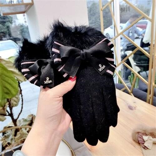 Winter Gloves Women Striped Bow Rabbit Fur Wrist Cashmere Mitten Touch Screen for Smartphone Warm Thick Driving Gloves Female
