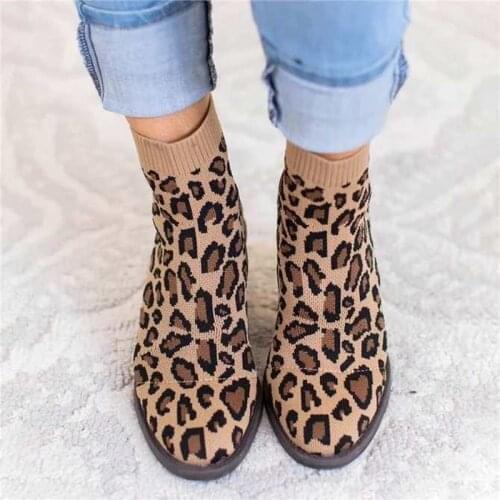 Womens Leopard Ankle Boot Knitting Woman Sock Boots Fashion Autumn Female Block Chunky Heels Comfortable Ladies Short
