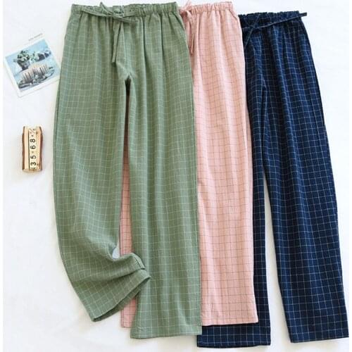 Women Casual Plaid Sleep Bottoms Femme Comfortable Loose Washed Cotton Pants Ladies Elastic Homewear Men Simple Pajamas Pants