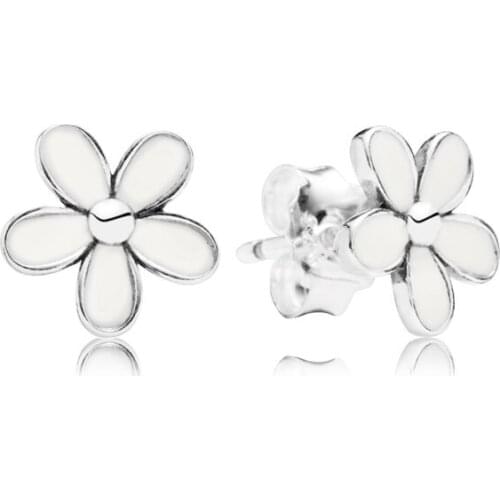 Earrings 925 Sterling Silver Dazzling Daisy Stud Earring White Enamel With Clear CZ Compatible Women Jewelry