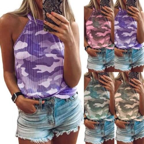 Summer Women Vest Sleeveless Camouflage Print Halter T-shirt Blouse for Daily Life
