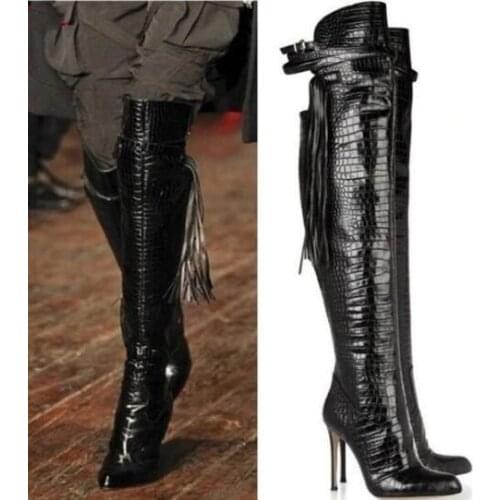 Winter New Brand Women 100% Genuine Leather Snakeskin Python Pointed Toe Stiletto Heels Fringe Tassel Over The Knee Boots Lady