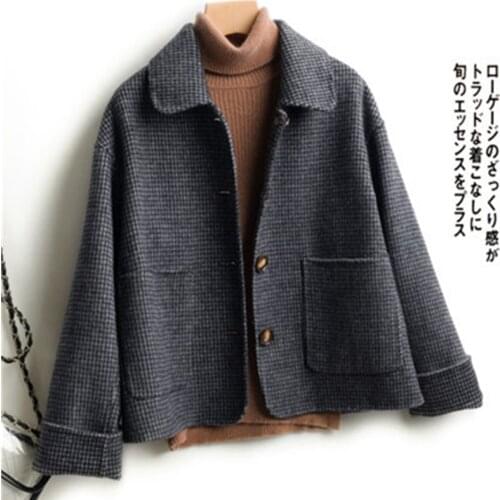 Winter Pure Wooled Jacket Female Short Plaid Double Wool Coat Women 2021 New Single Breasted Turn-Down Collar