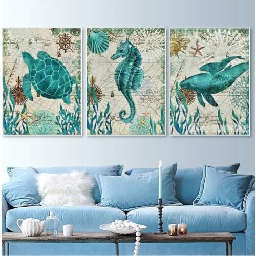 3 PCS Sea Life diamond painting Sea Animal,diamond mosaic Turtle Seahorse Whale,Triptych diamond embroidery,square round N1227