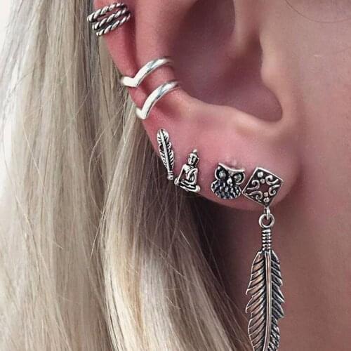 7pcs Bohemian Vintage anchor leaf owl Fashion Retro Earrings Ear Ring Set Earrings Fashion Jewelry For Women