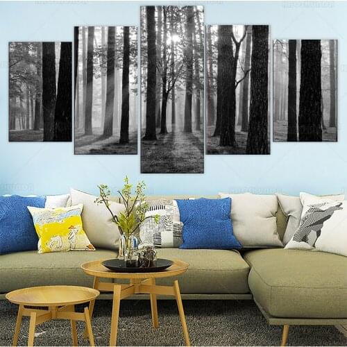 Large 5 Piece Black and White Sunshine Foggy Forest Landscape Canvas Prints Trees Wall Decoration Framed and Stretched Painiting