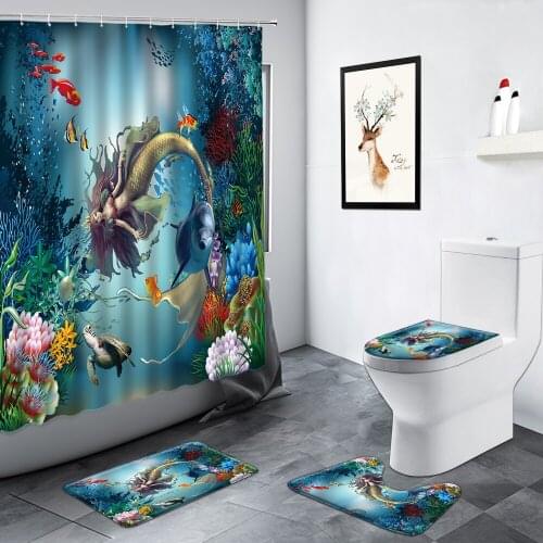 Dolphin Mermaid Shower Curtain Sea Turtle Tropical Fish Coral Underwater World Scenery Bathroom Non-slip Rug Toilet Bath Mat Set