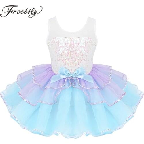 Kids Girls Ballerina Dancewear Shiny Sequins Mesh Splice Bowknot on Waist Ballet Dance Gymnastics Leotard Tutu Dress