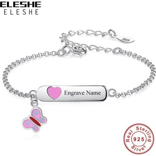 ELESHE Personalized Custom Name Bracelet Handmade Kids 925 Sterling Silver Jewelry Engraved Butterfly Bracelet Customized Gift