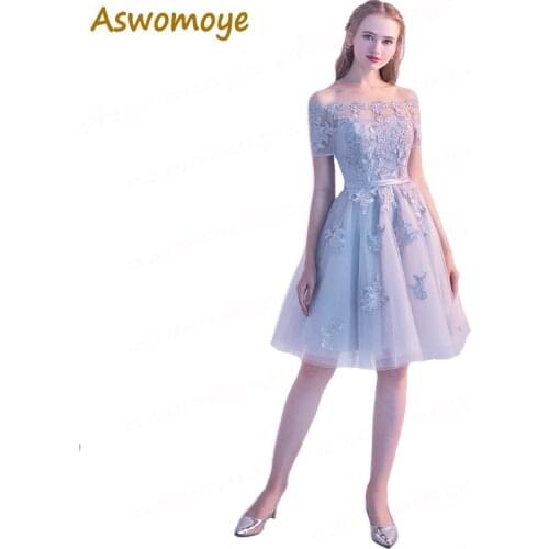Aswomoye Short Evening Dress 2018 New Arrival Illusion Boat Neck Prom Dresses Appliques Lace Party Dress robe de soiree
