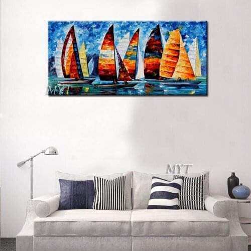 Quadros De Parede Para Sala Free Delivery, Sailboat Pier Landscape Painting, Hand-painted, Canvas, Wall Painting Living Room