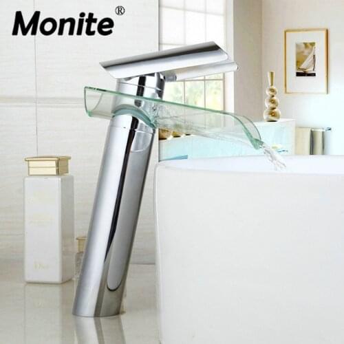 Monite Bathroom Waterfall Faucet Glass Waterfall Wash Basin Mixer Tap Deck Mounted Single Handle Bathroom Faucet Chrome Polish