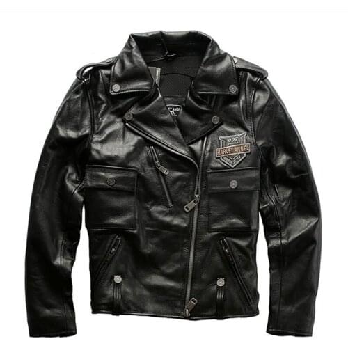 Genuine Leather Jacket Mens Top Layer Cowhide Motorcycle Oblique Zipper Bilateral Pocket Cowhide Coat Male